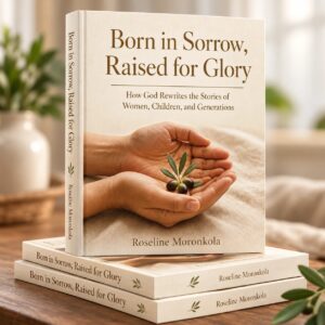 Born in Sorrow, Raised for Glory by Roseline Moronkola: book mockup with hands holding an olive sprig